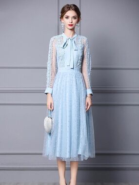 Sheer Dotted and Lace Tie-Neck Dress